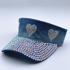 Rhinestone Heart Visor Hat Denim Washed Ponytail Sun Hat