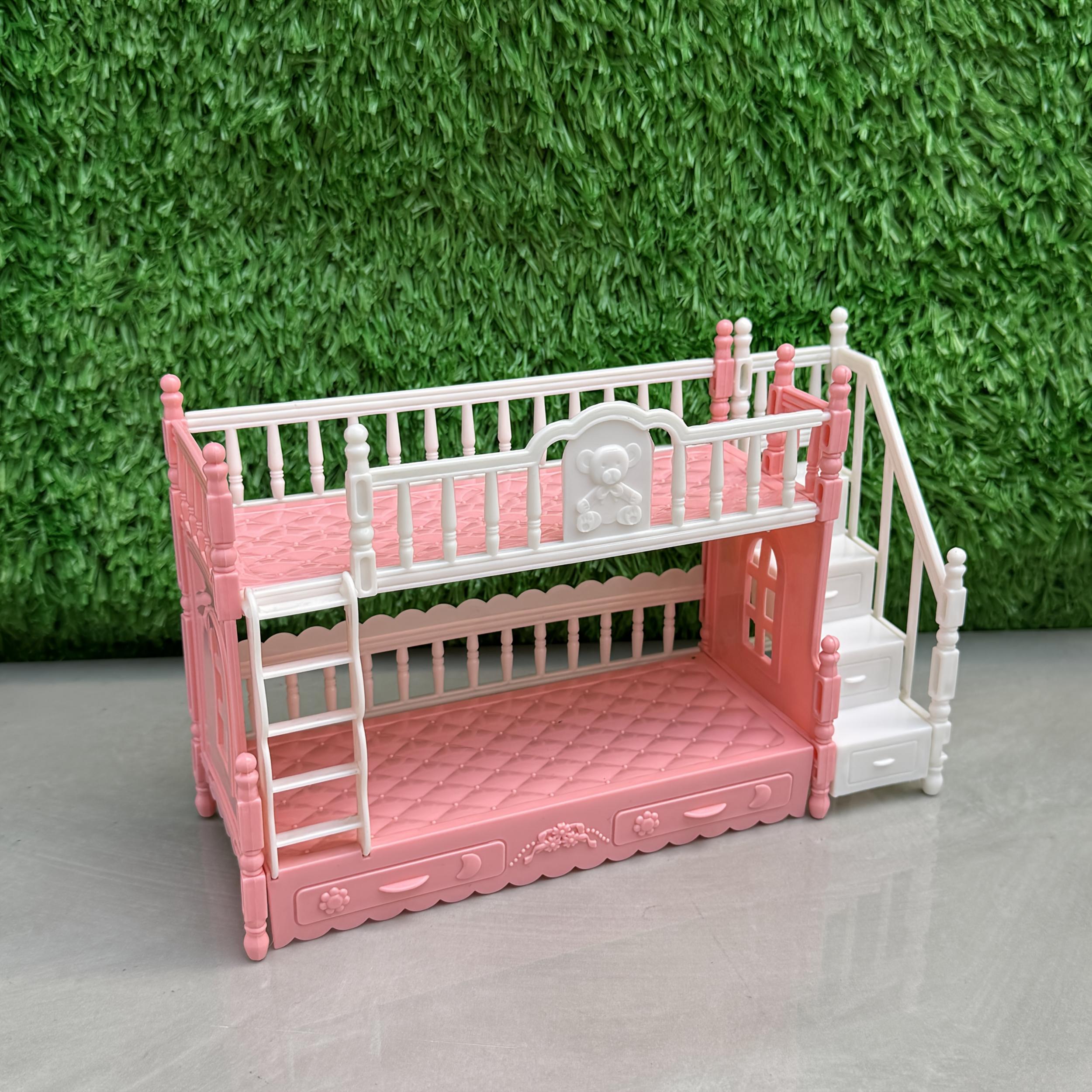 Pink Double Bed with Stairs for Princess Room Dollhouse