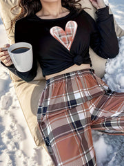 Heart Print Pajama Set Long Sleeve Crew Neck Top & Plaid Pants