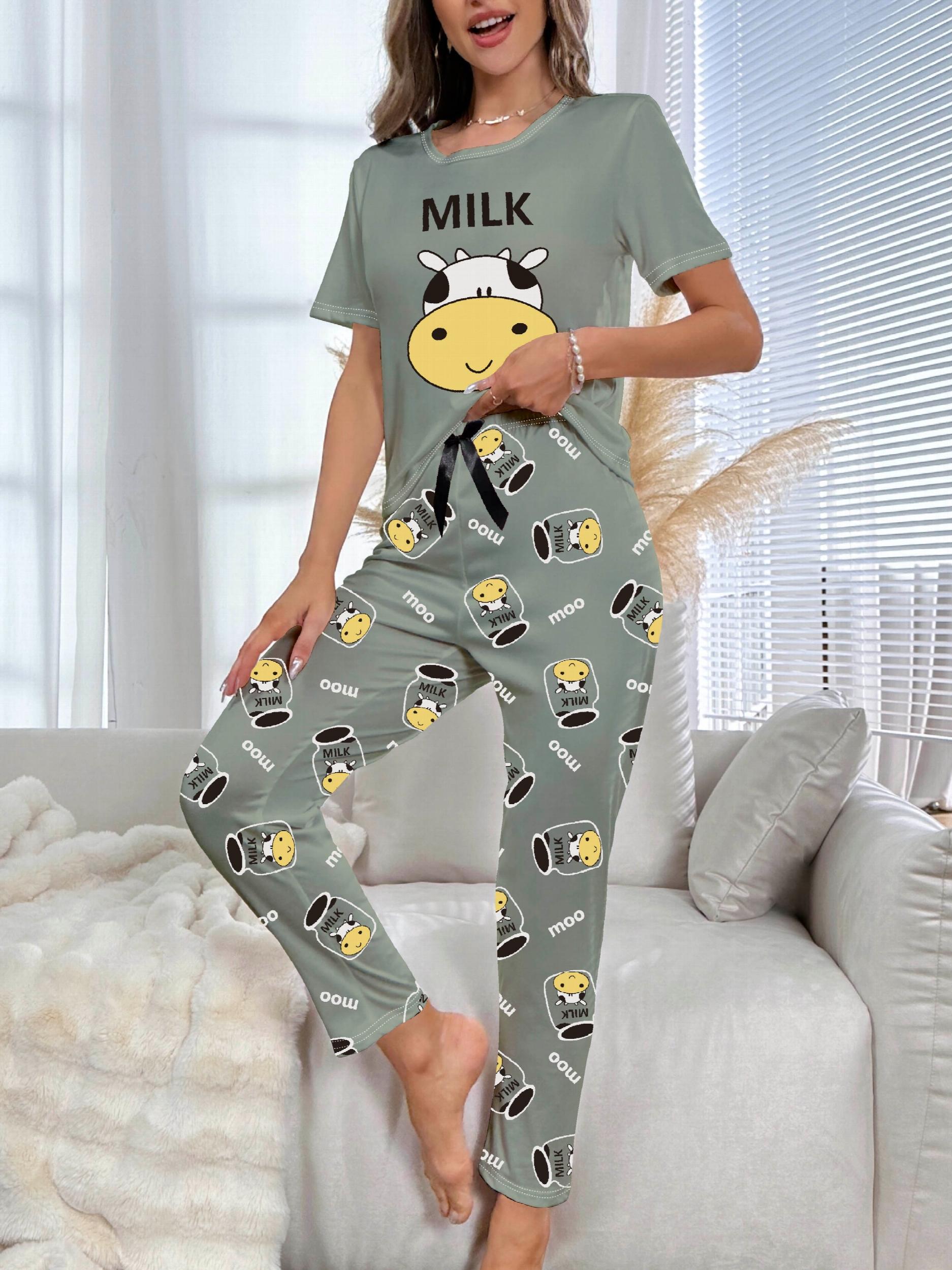 Cow Print Pajama Set Short Sleeve Crew Neck Top & Elastic Waistband Pants