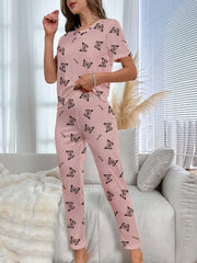 Butterfly Print Pajama Set Short Sleeve Crew Neck Top & Elastic Waistband Pants