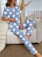 Moon & Cloud Pajama Set Short Sleeve Top & Pants Women's Sleepwear
