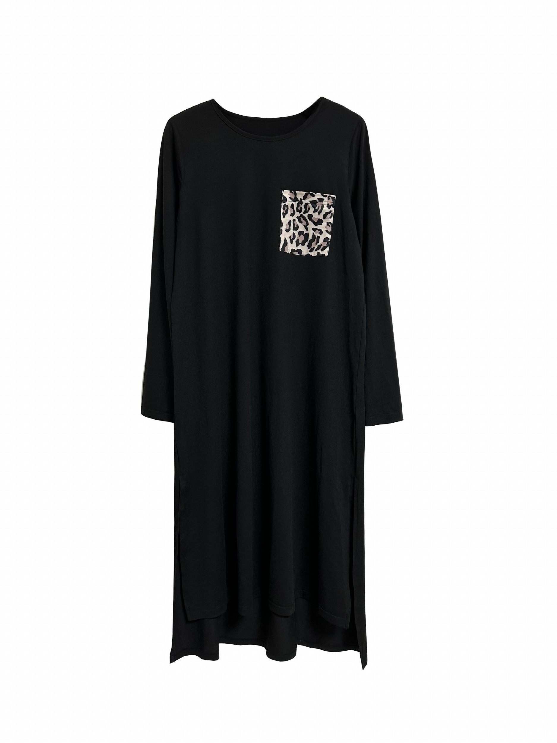 Leopard Side Split Lounge Dress Long Sleeve Home Dress With Pockets