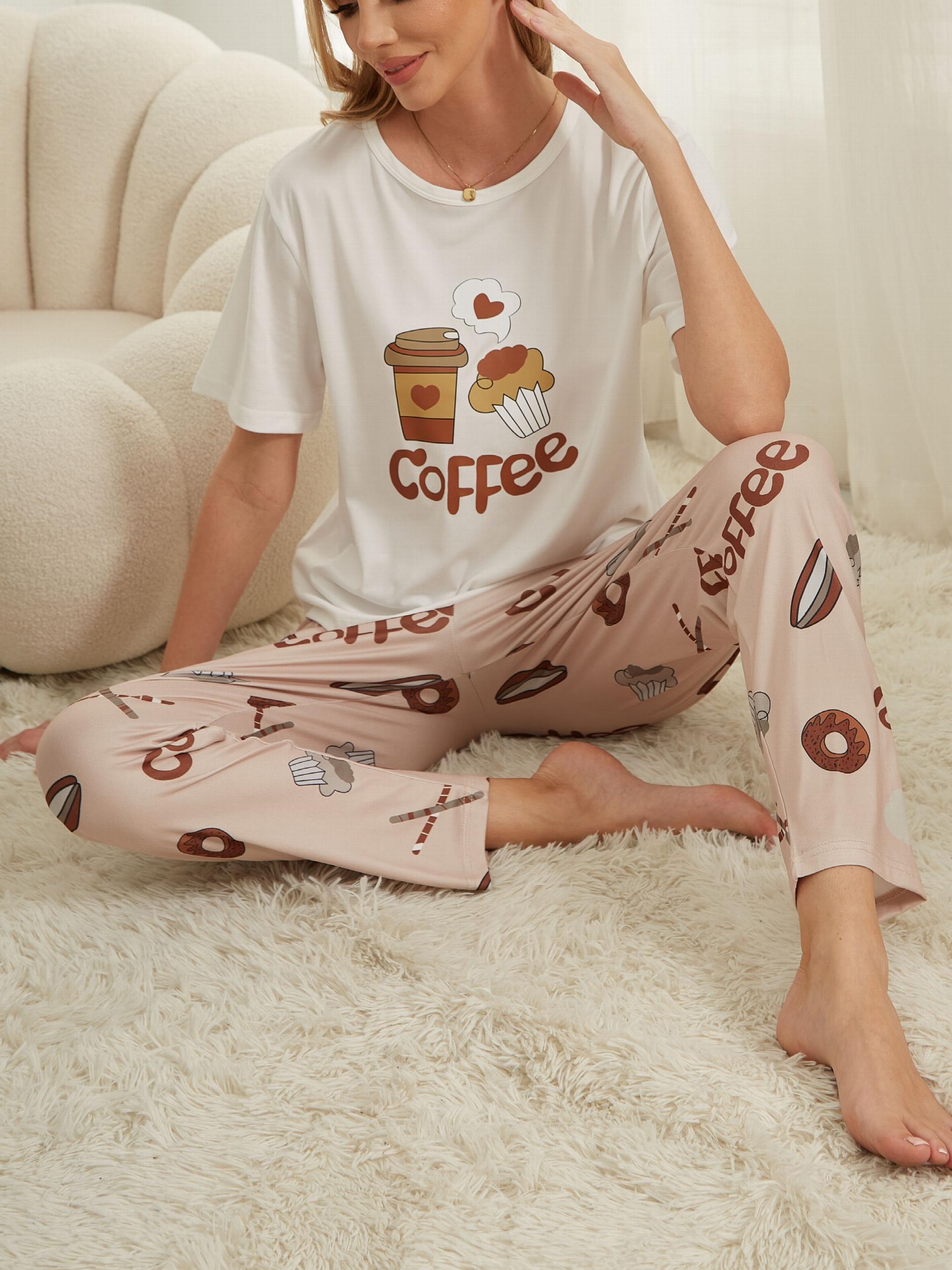 Coffee Print Pajama Set Short Sleeve Top & Pants Women's Sleepwear