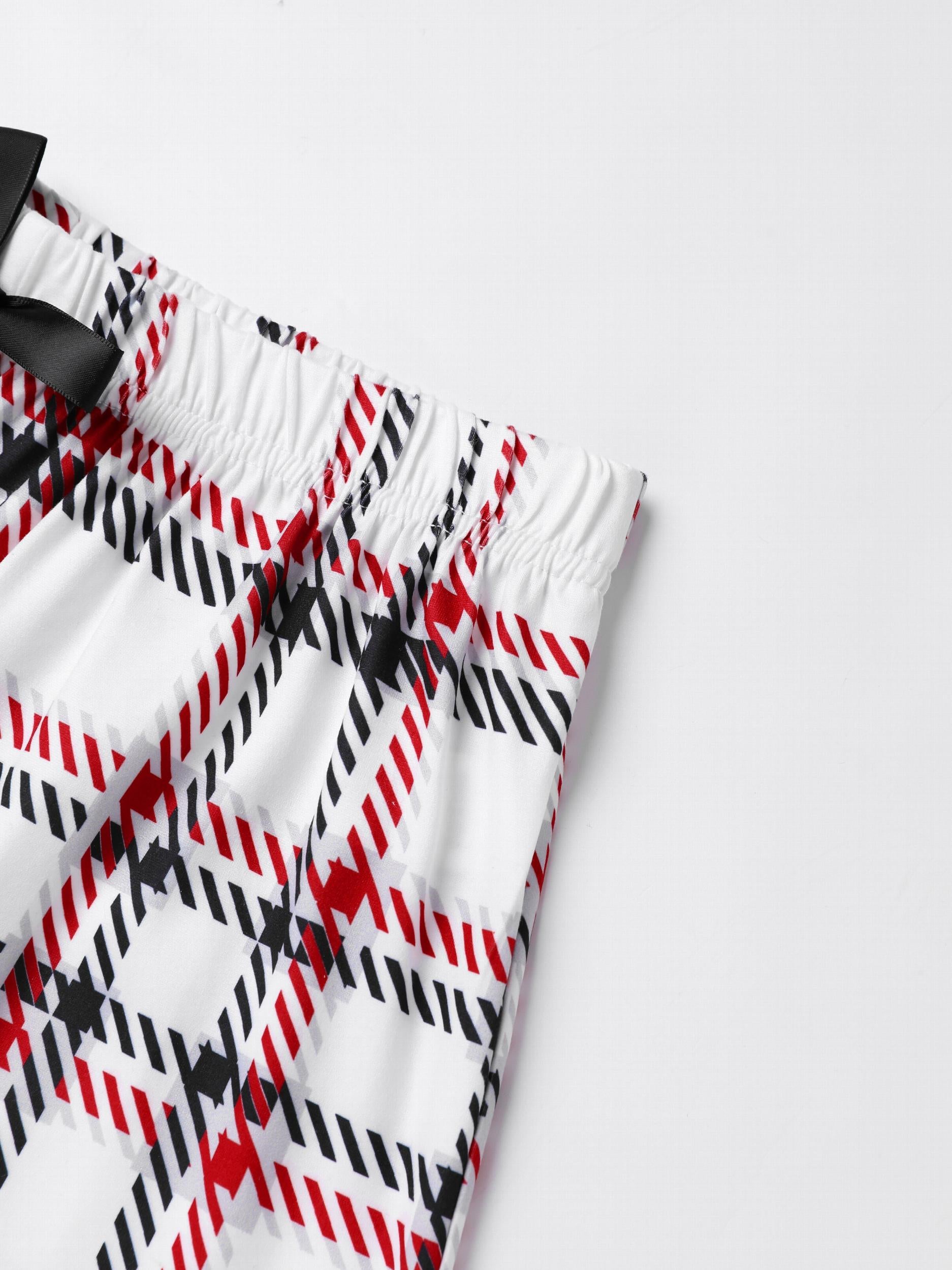 Plaid Pajama Set Crew Neck Cami & Shorts & Bow Pants