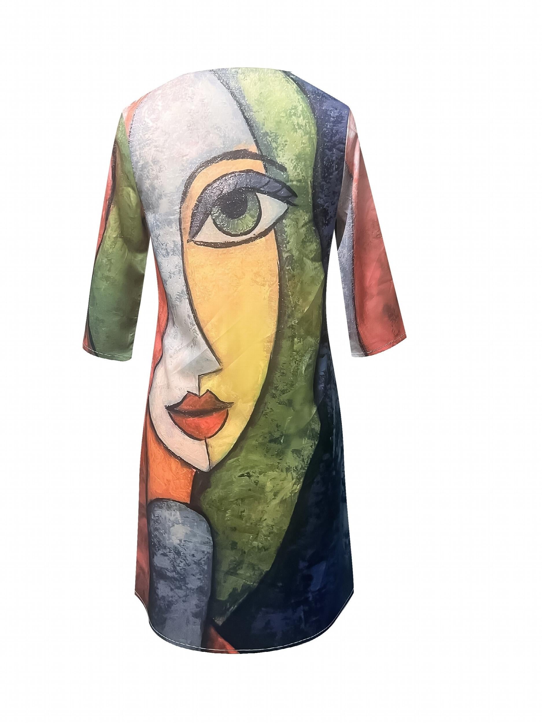 Abstract Face Print Dress Casual V Neck Half Sleeve Dress