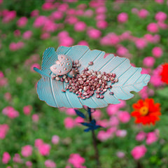 Leaf Shaped Metal Bird Bathtub with Ladybug Carving & Stake
