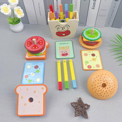 Wooden Pretend Play Food Set Hamburger Fries & Sandwich Kitchen Role Play Toys