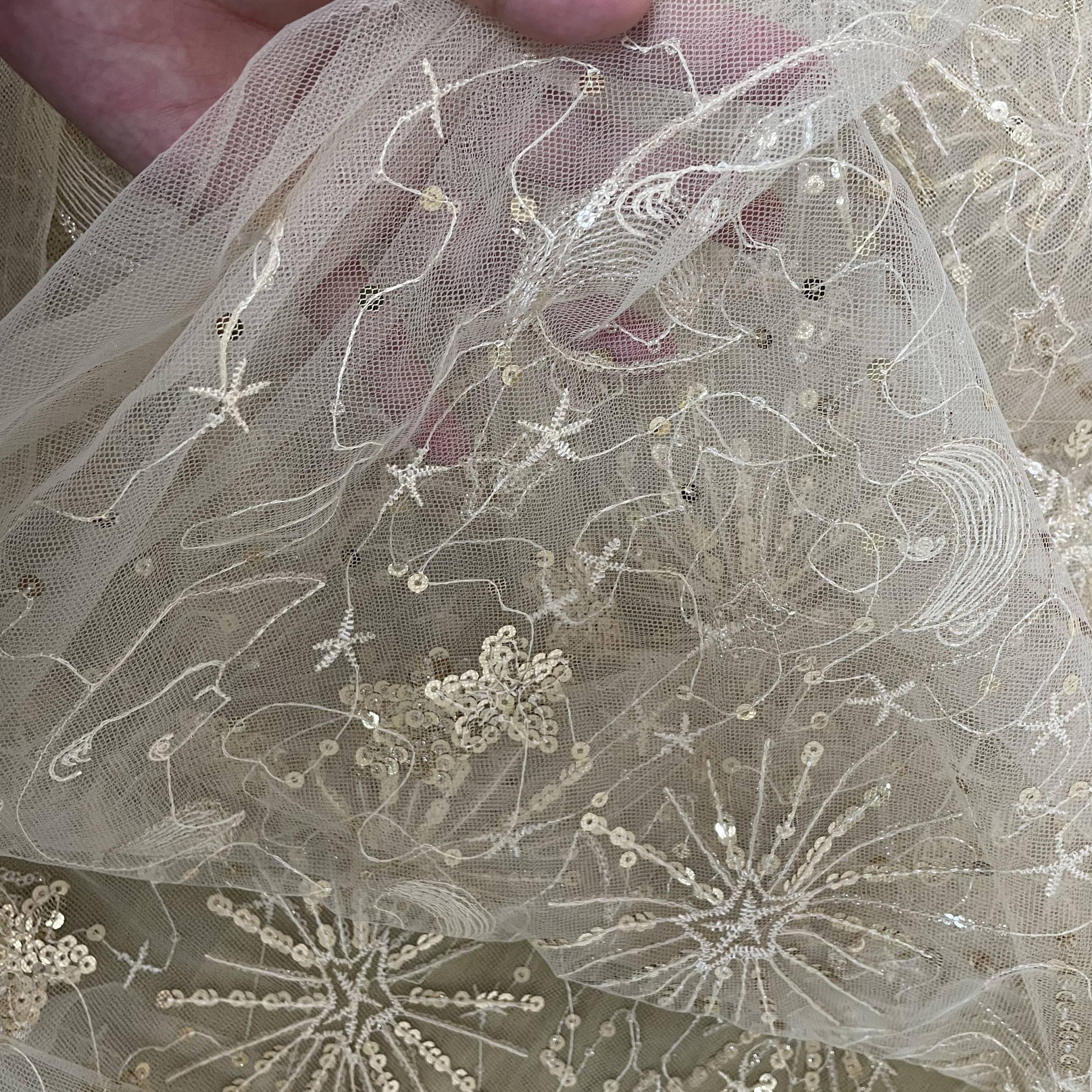 Fairy Star Moon Sequin Embroidery Mesh Fabric for Wedding Dress