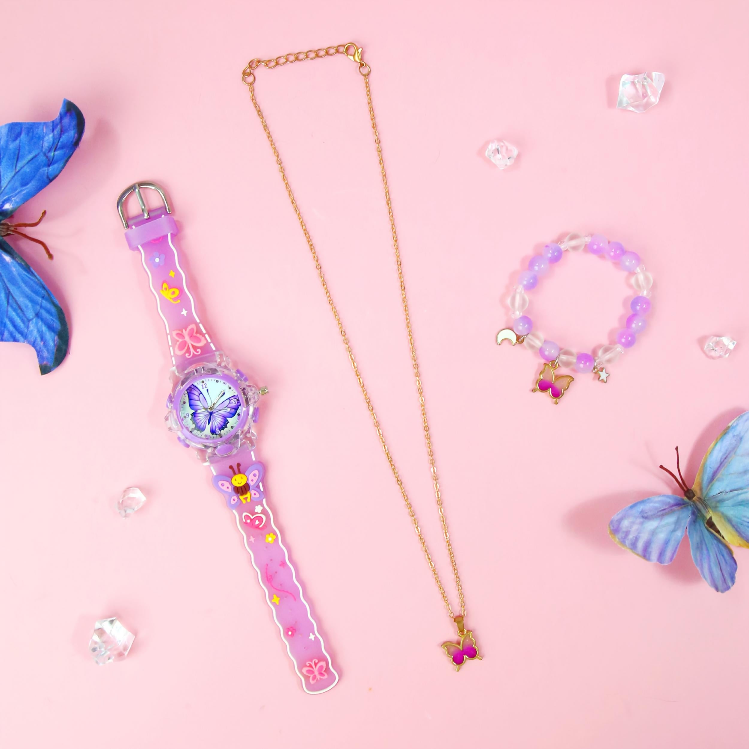Girls' Glowing LED Watch Set with 3D Silicone Strap & Necklace