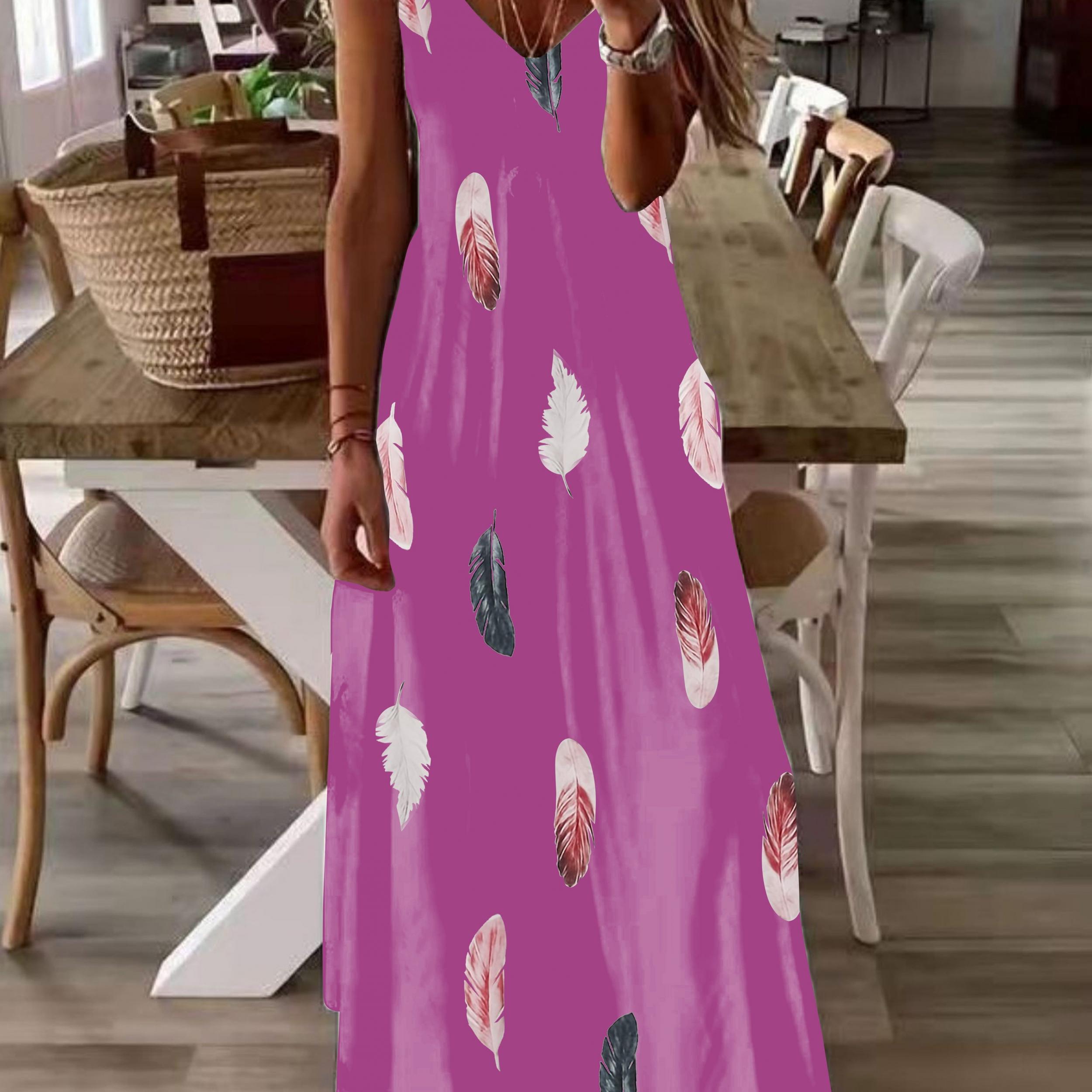 Feather Print V Neck Maxi Cami Dress