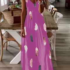 Feather Print V Neck Maxi Cami Dress