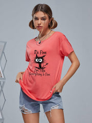 Cartoon Cat Print Short Sleeve T-shirt for Women