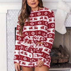 Women's Plus Elk & Snowflake Flannel Crop Top & Shorts Pajamas Set