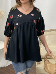 Floral Print V Neck Half Sleeve Peplum Blouse Women's Plus Casual Loose Fit Tops