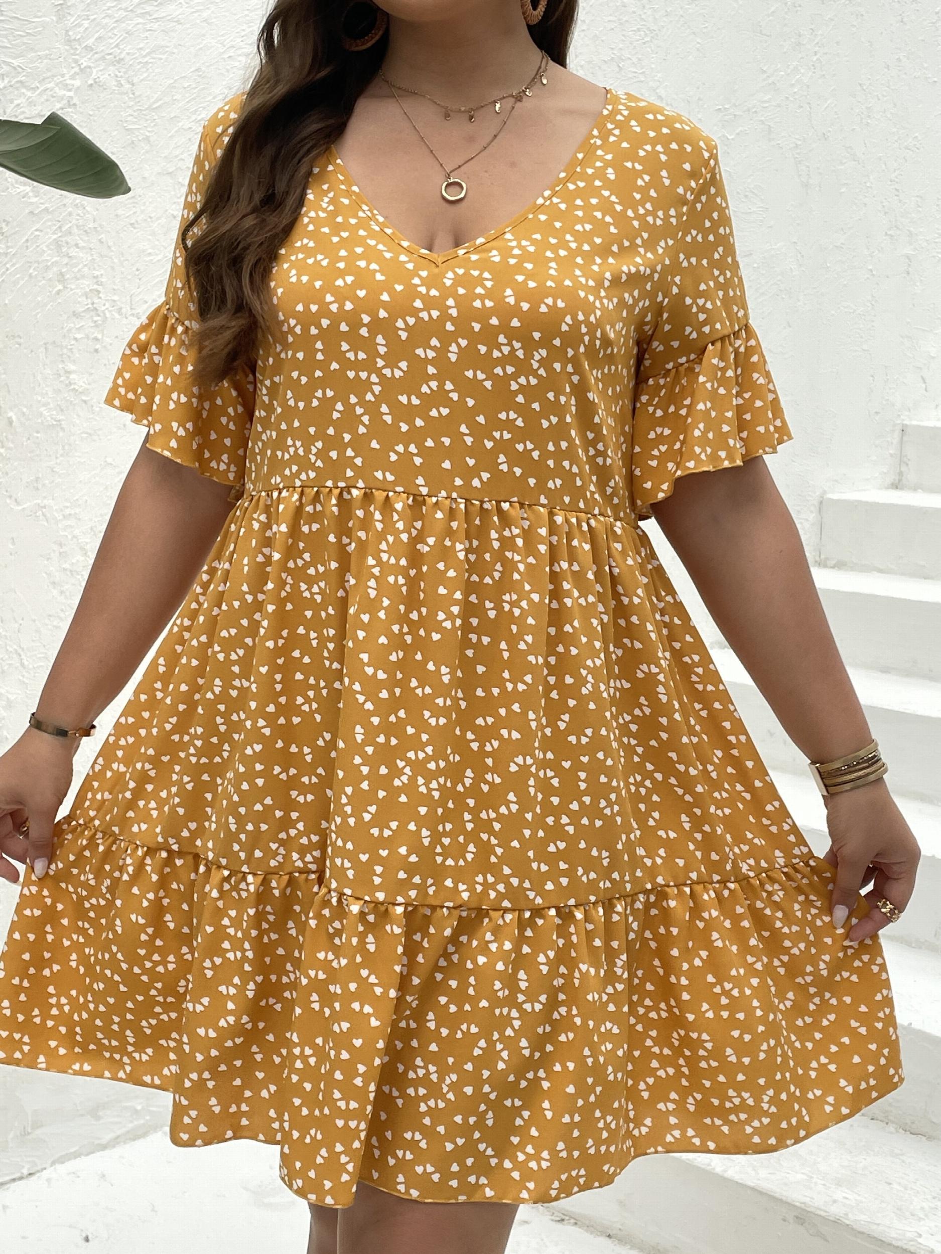 Heart Print Bell Sleeve V Neck Smock Dress