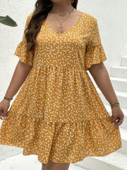 Heart Print Bell Sleeve V Neck Smock Dress