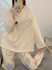 Duck Print Pajama Set Long Sleeve Top & Elastic Waistband Pants