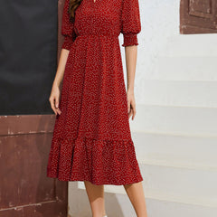Polka Dot V Neck Shirred Cuff Dress Casual Short Sleeve Dress