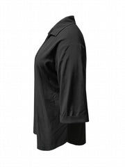 Solid Button Up Blouse Roll Up Sleeve Notched Neck
