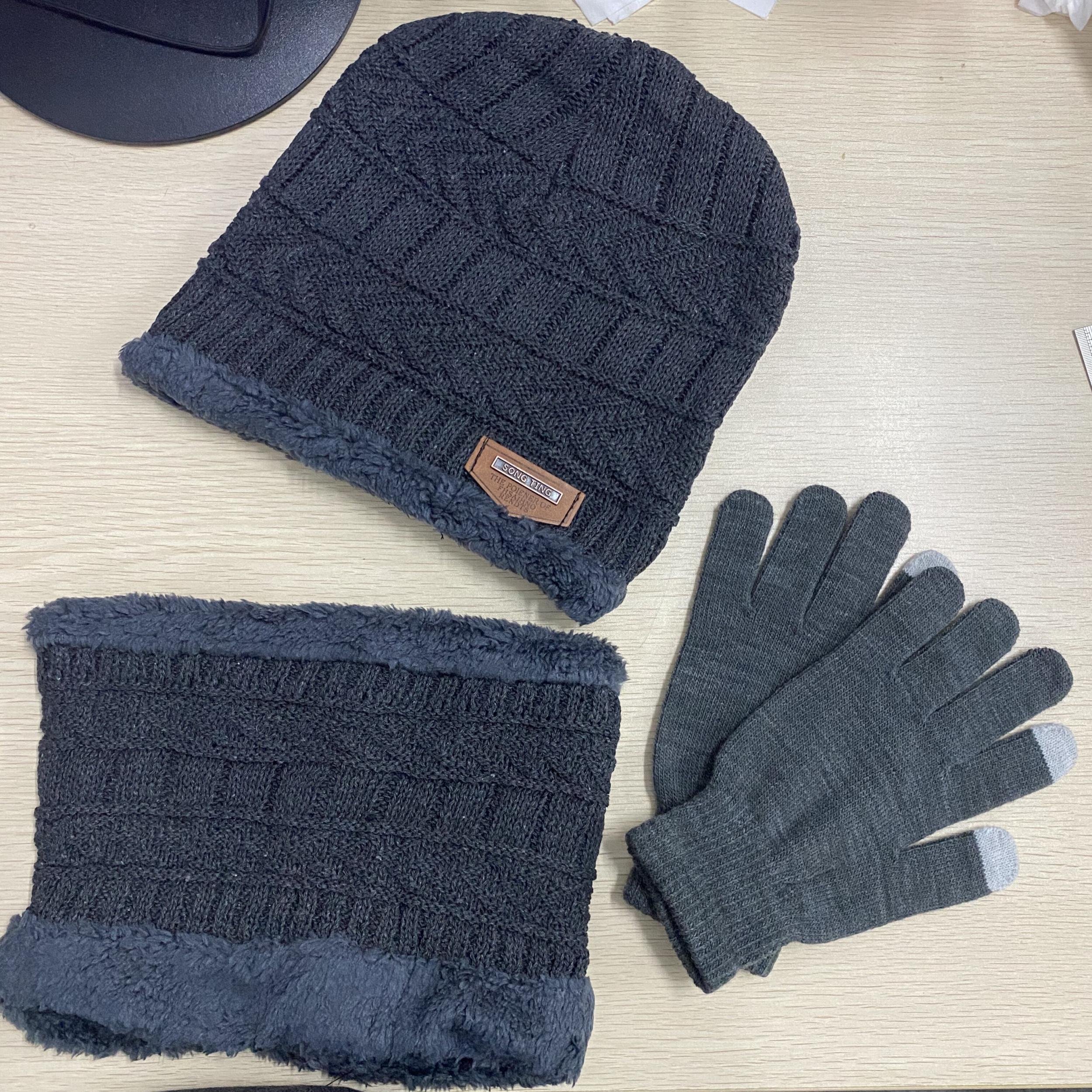 3-Pack Winter Knitted Beanies Hats Gloves Scarf Touch Screen Men Women
