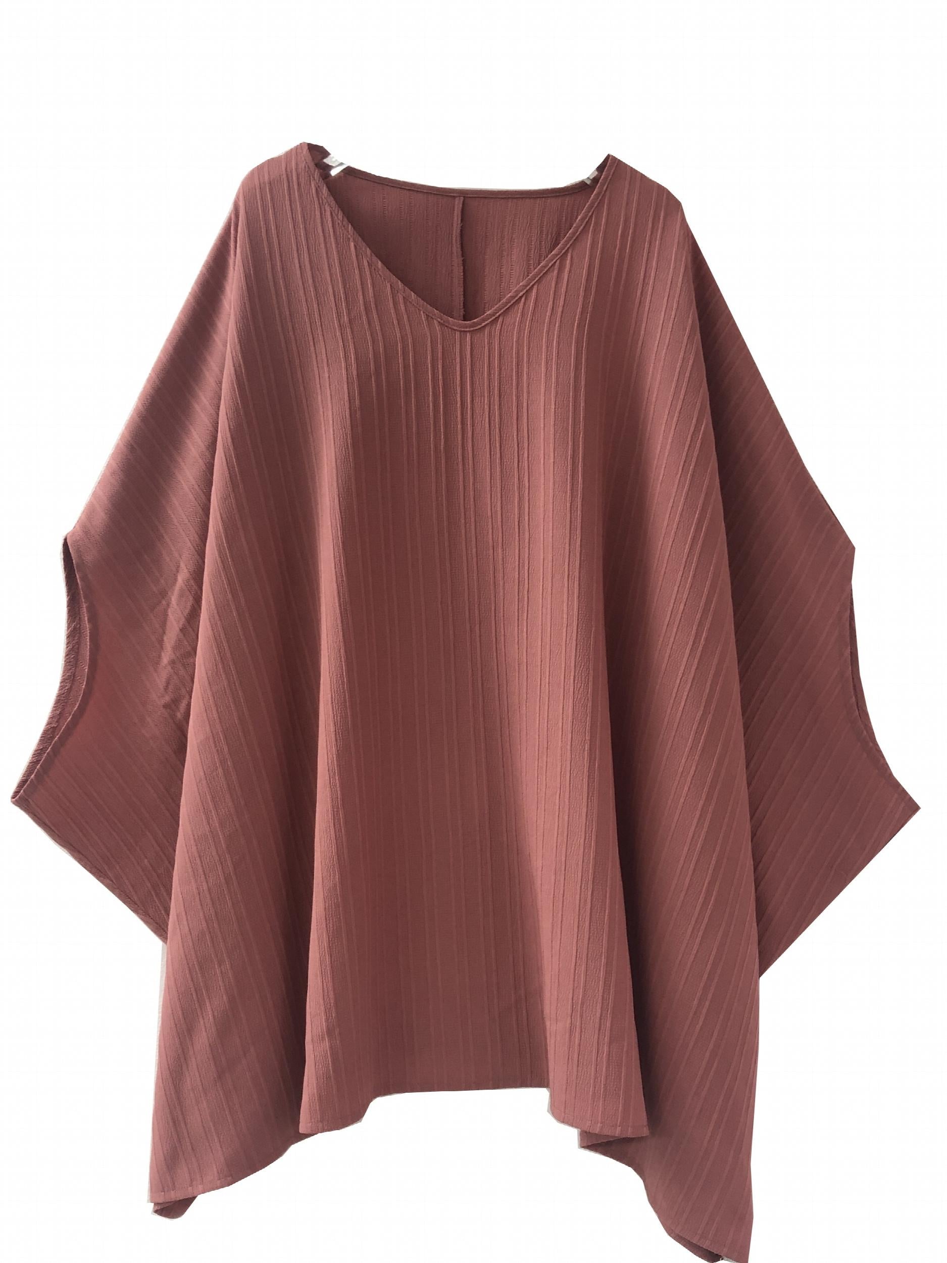 Casual Blouse Women's Ribbed Bat Sleeve V Neck Loose Blouse