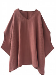 Casual Blouse Women's Ribbed Bat Sleeve V Neck Loose Blouse