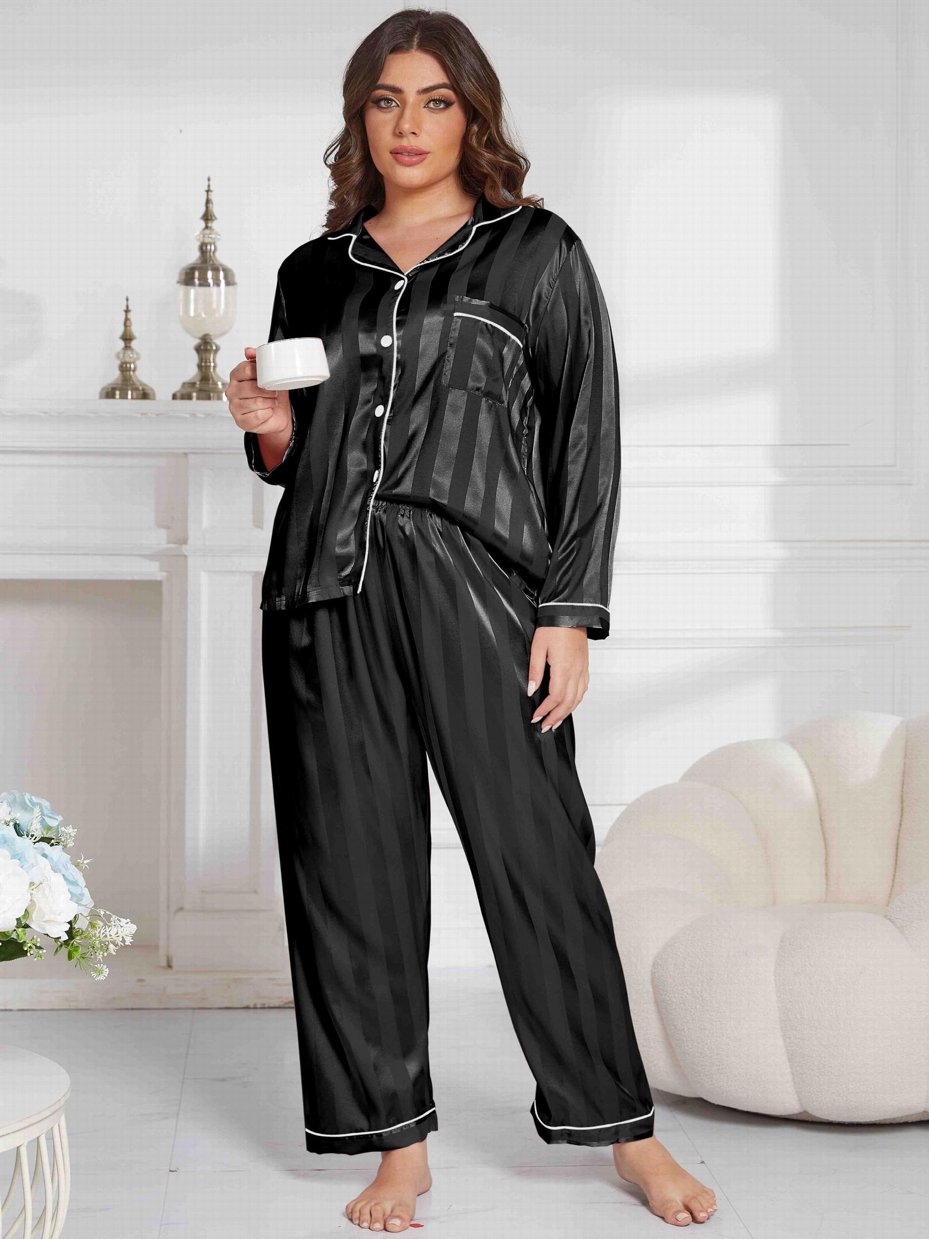 Striped Satin Shirt & Pants Pajamas 2 Piece Set