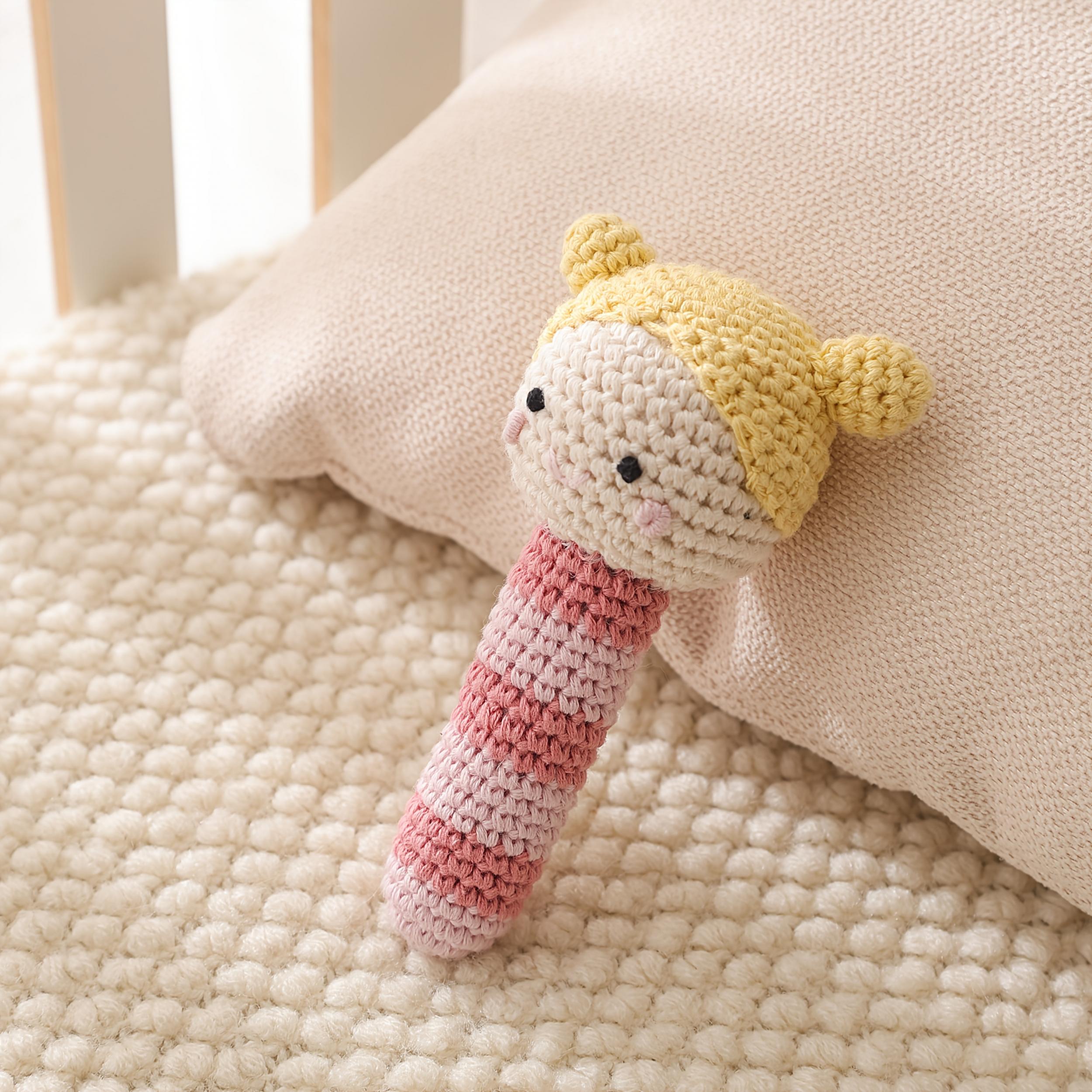 Crochet Rattle Toy Soft Nylon Blend Animal Yellow Pink Stripes