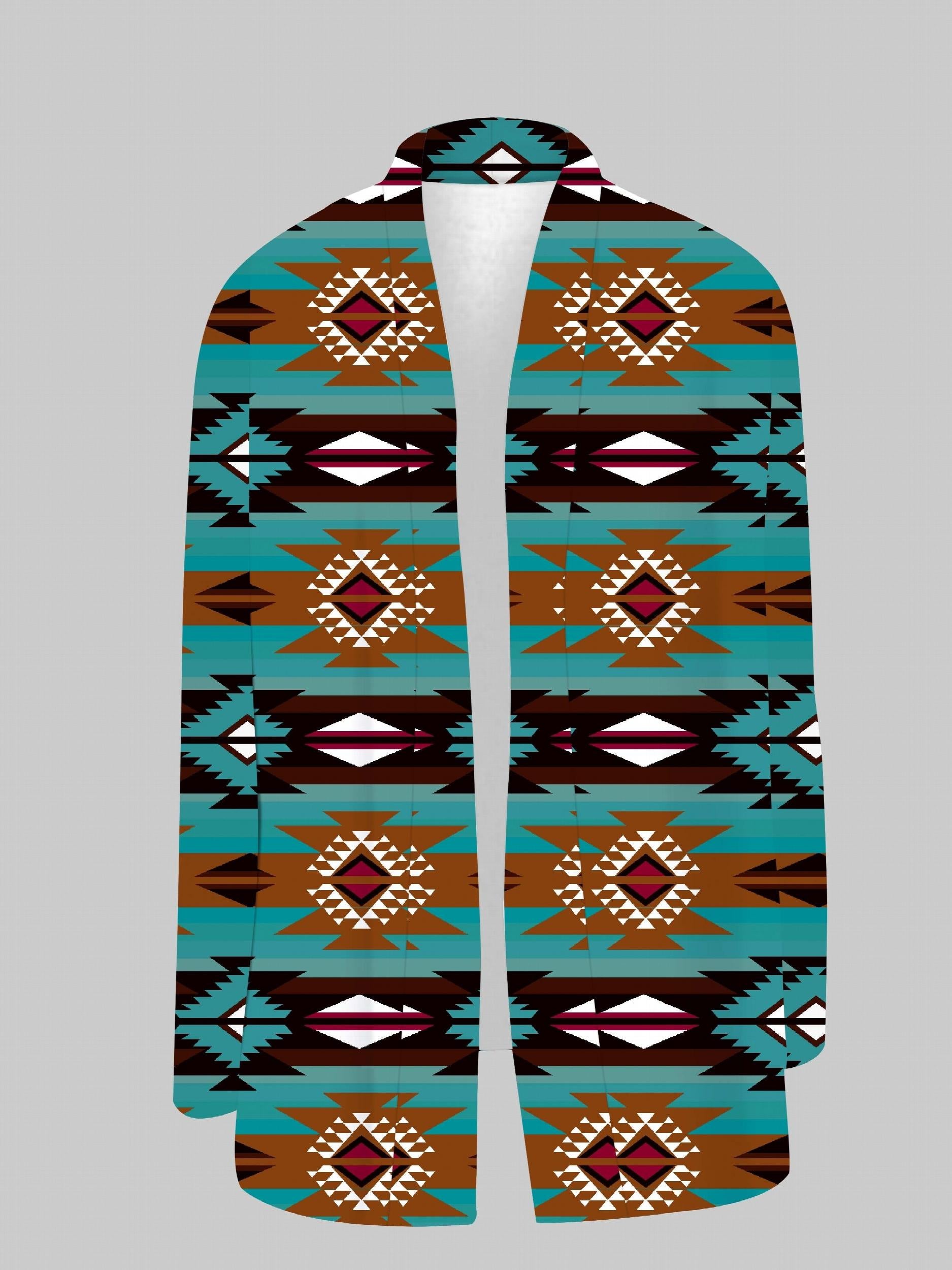 Western Ethnic Print Open Front Long Sleeve Cardigan