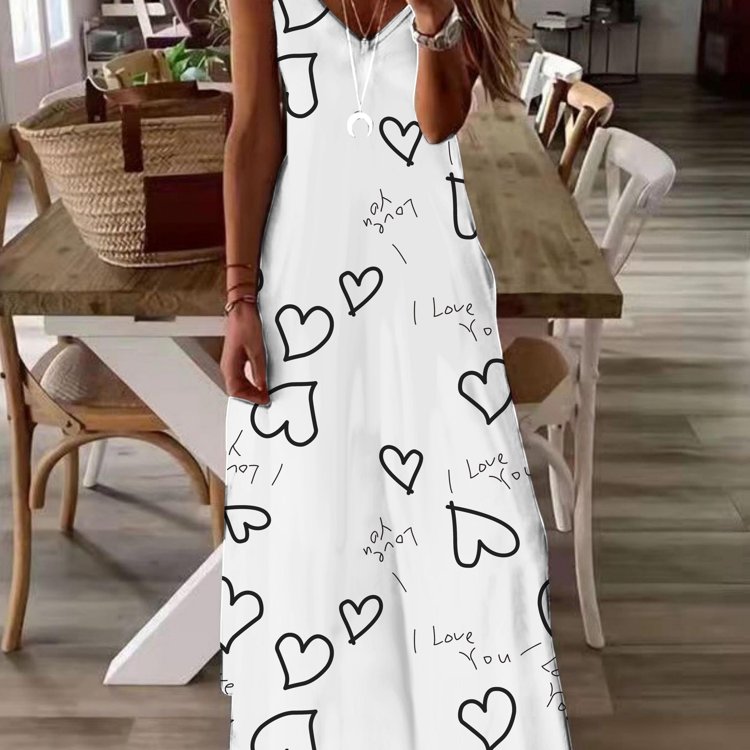 Casual Dress Women's Plus Heart & Letter Print V Neck Maxi Cami Dress