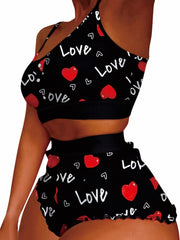Women's Plus Heart & Letter Print Crop Cami Top & Shorts Pajama Set