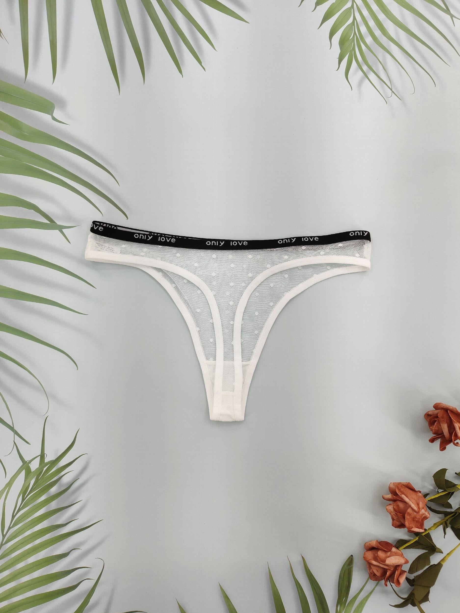 4pcs Polka Dot Mesh Thongs Breathable Comfy Letter Tape Intimates Panties