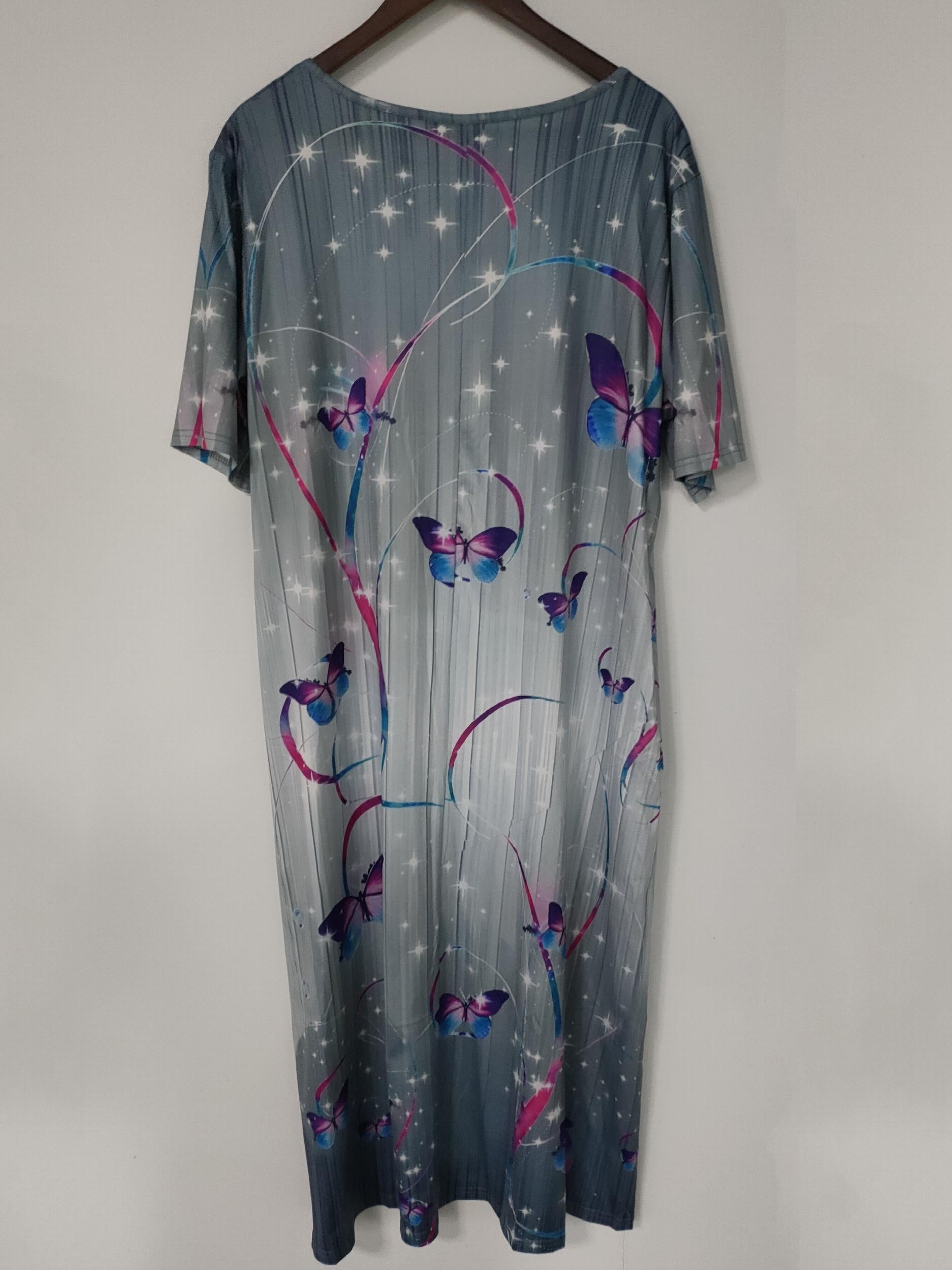 Butterfly Print Short Sleeve Casual Dress with Pockets