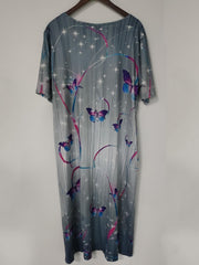 Butterfly Print Short Sleeve Casual Dress with Pockets