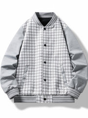 Checkerboard Pattern Varsity Jacket Men's Casual Baseball Collar Button Up Jacke