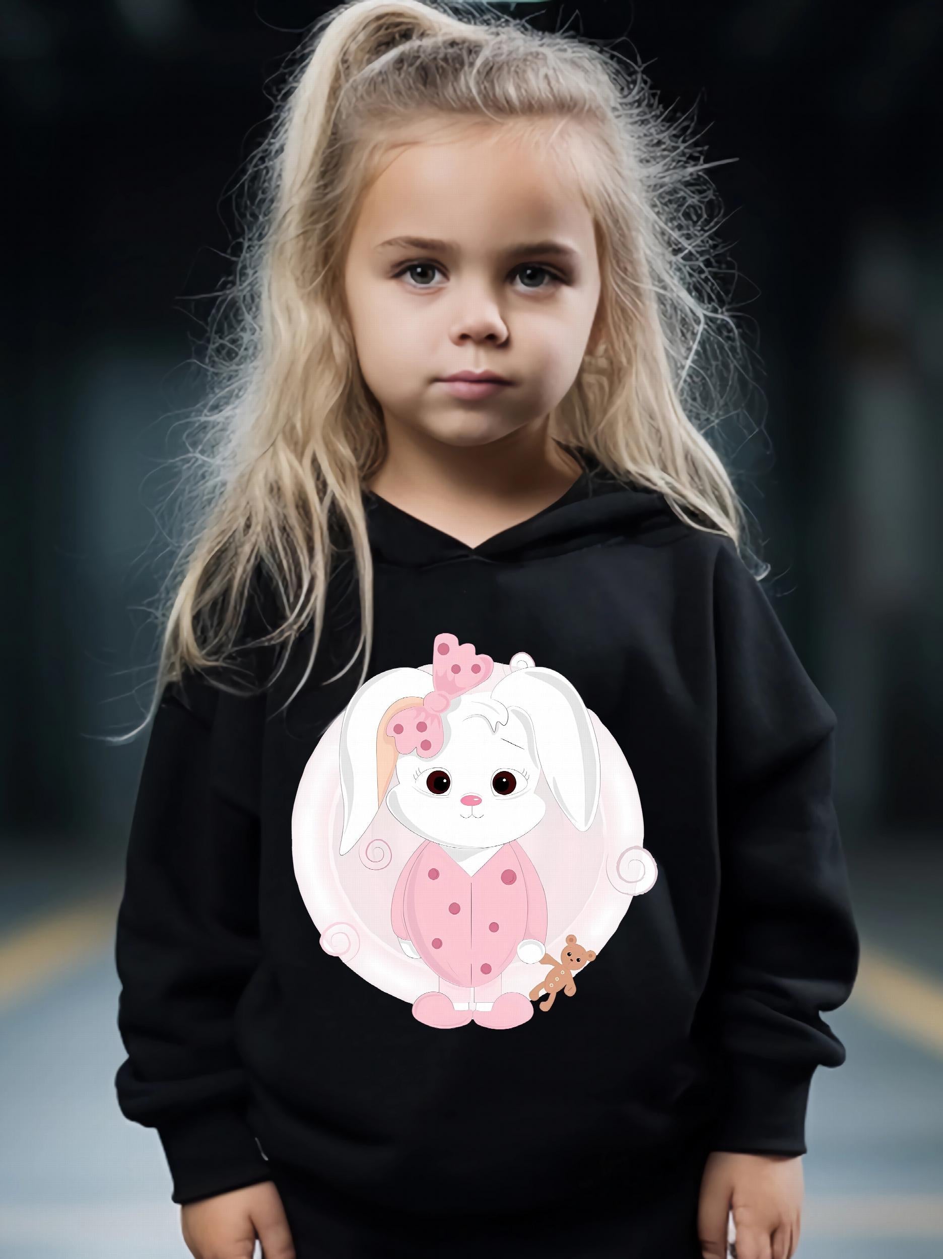 Cartoon Rabbit Pattern Hooded Sweatshirt & Solid Sweatpants Set for Girls