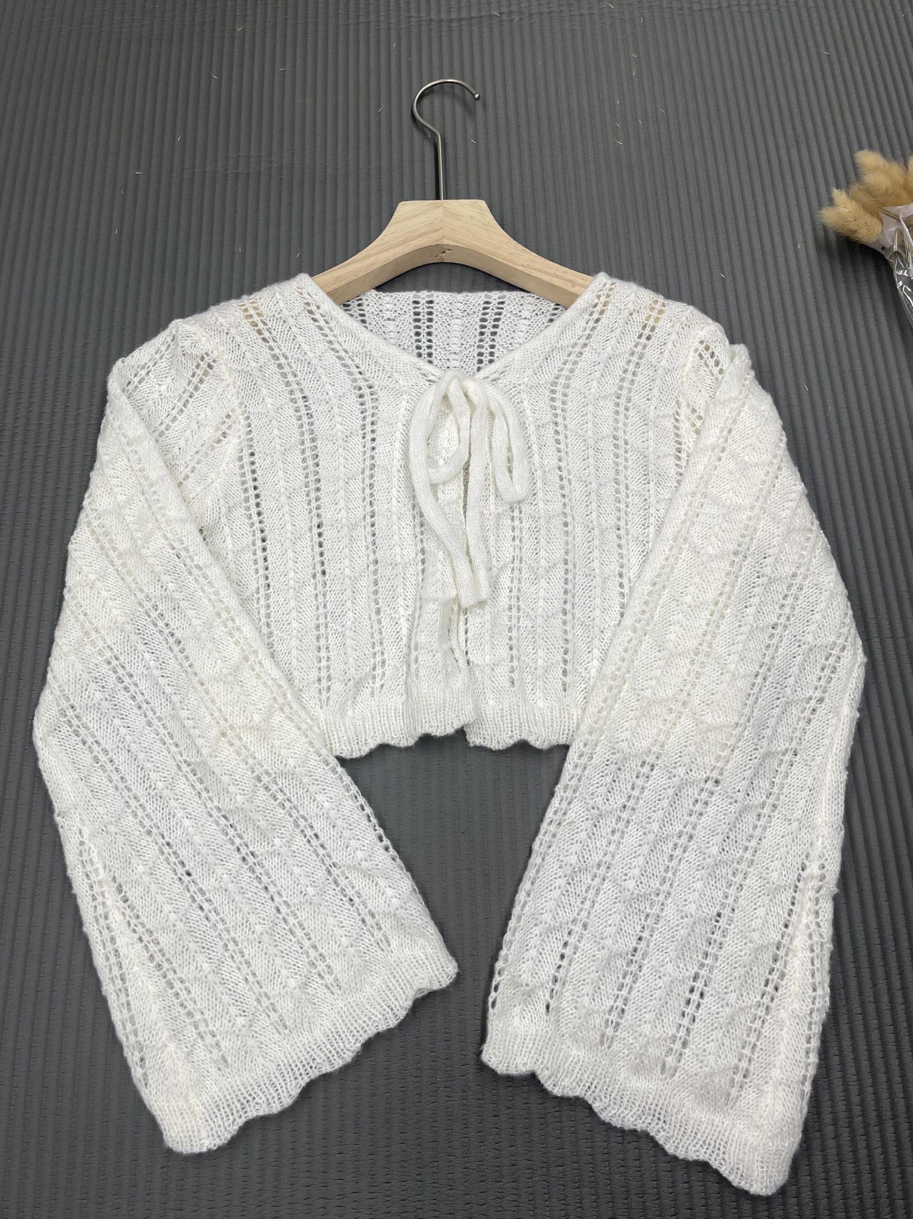 Tie Front Knit Cardigan V Neck Sweater Women's Clothing