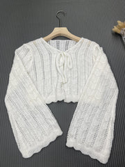 Tie Front Knit Cardigan V Neck Sweater Women's Clothing