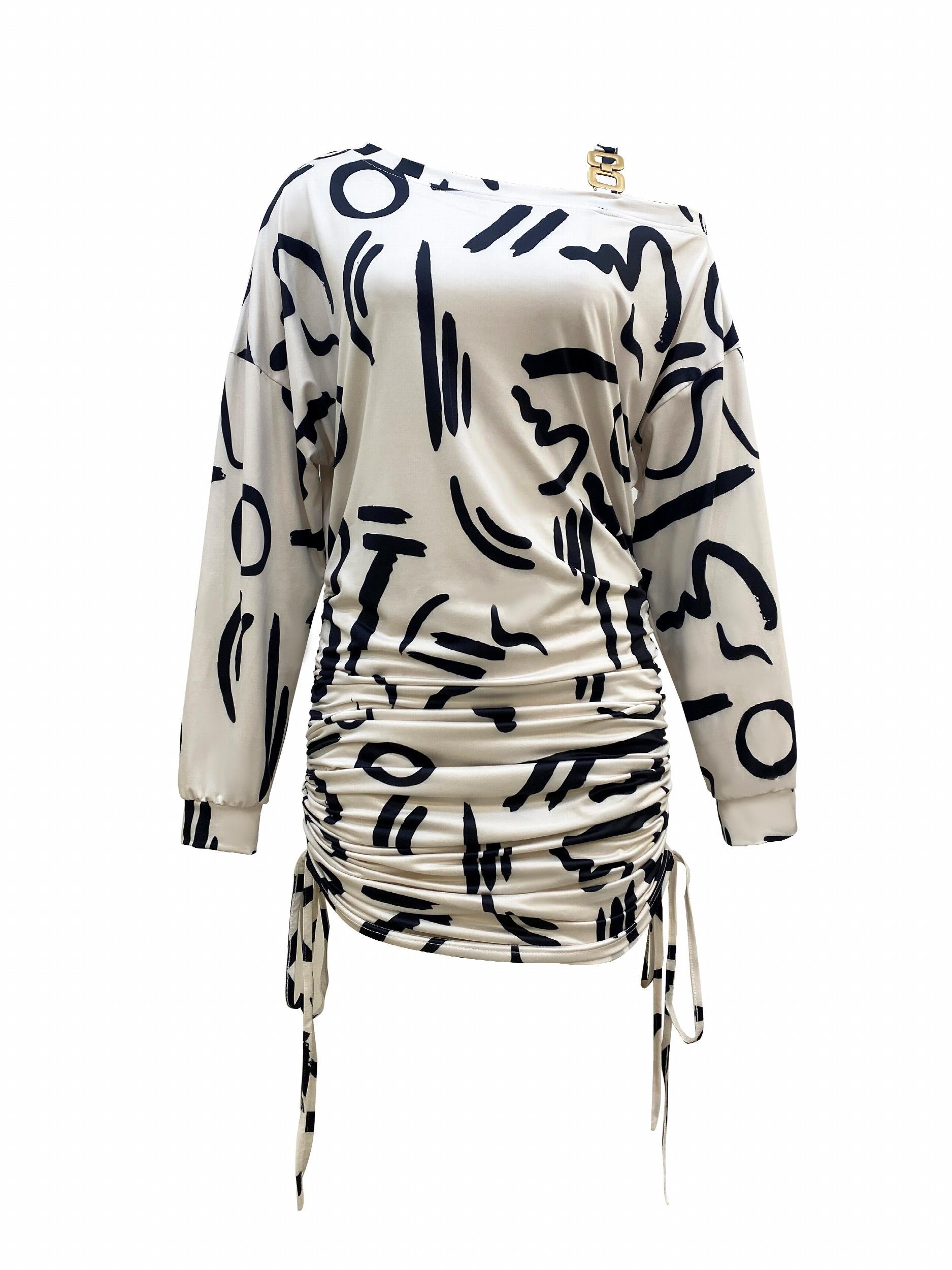 Abstract Print Ruched Dress Casual Chain Linked Long Sleeve
