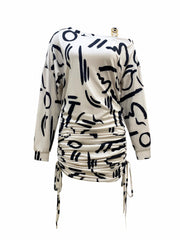 Abstract Print Ruched Dress Casual Chain Linked Long Sleeve