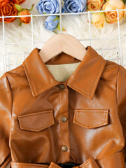 Baby Girls PU Leather Dress Long Sleeve Lapel With Belt Dress