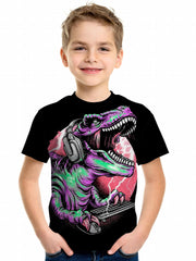 Dino Play Computer Print Boy's Casual Tees Short Sleeve T-shirt