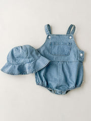 Baby Denim Triangle Bodysuit Hat 2pcs Set Girls Summer Outfit