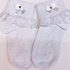 Girls Lace Brim Socks w/ Rhinestone Bow, Soft Elastic Princess Crew Socks