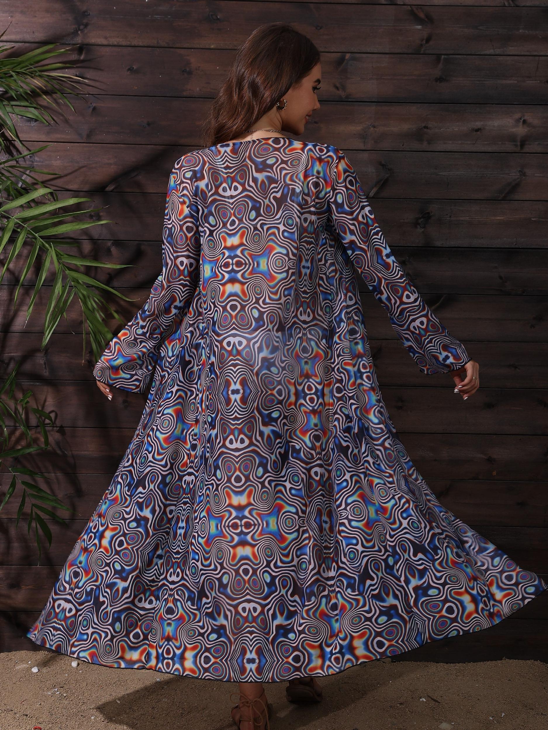 Wavy Ripple Print Long Sleeve Kimono Cover Up