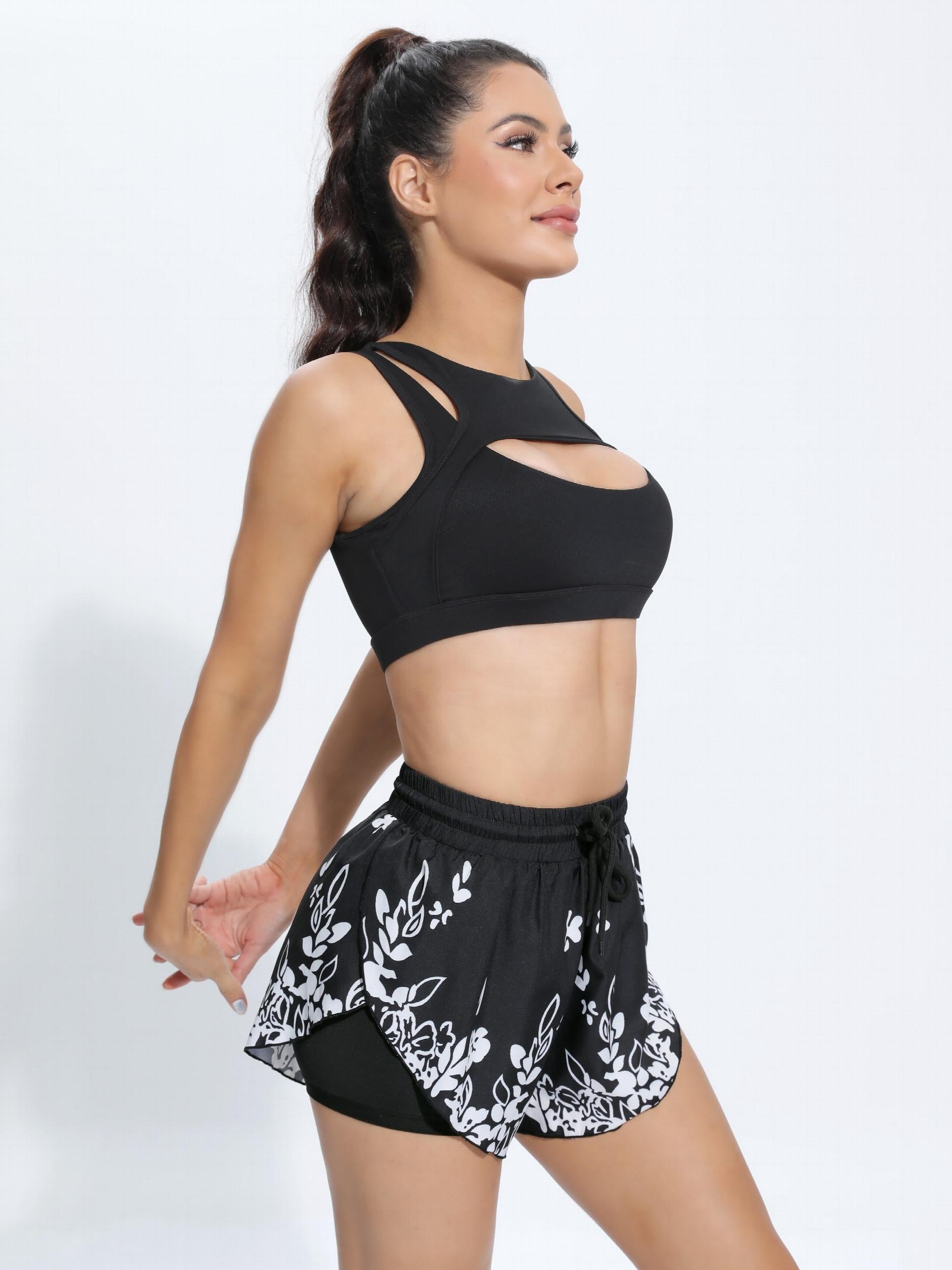 Plant Print High Stretch Fitness Sports Short Women's Activewear