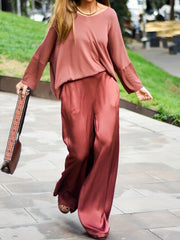 Solid Long Sleeve Top & Wide Leg Pants Two Piece Set