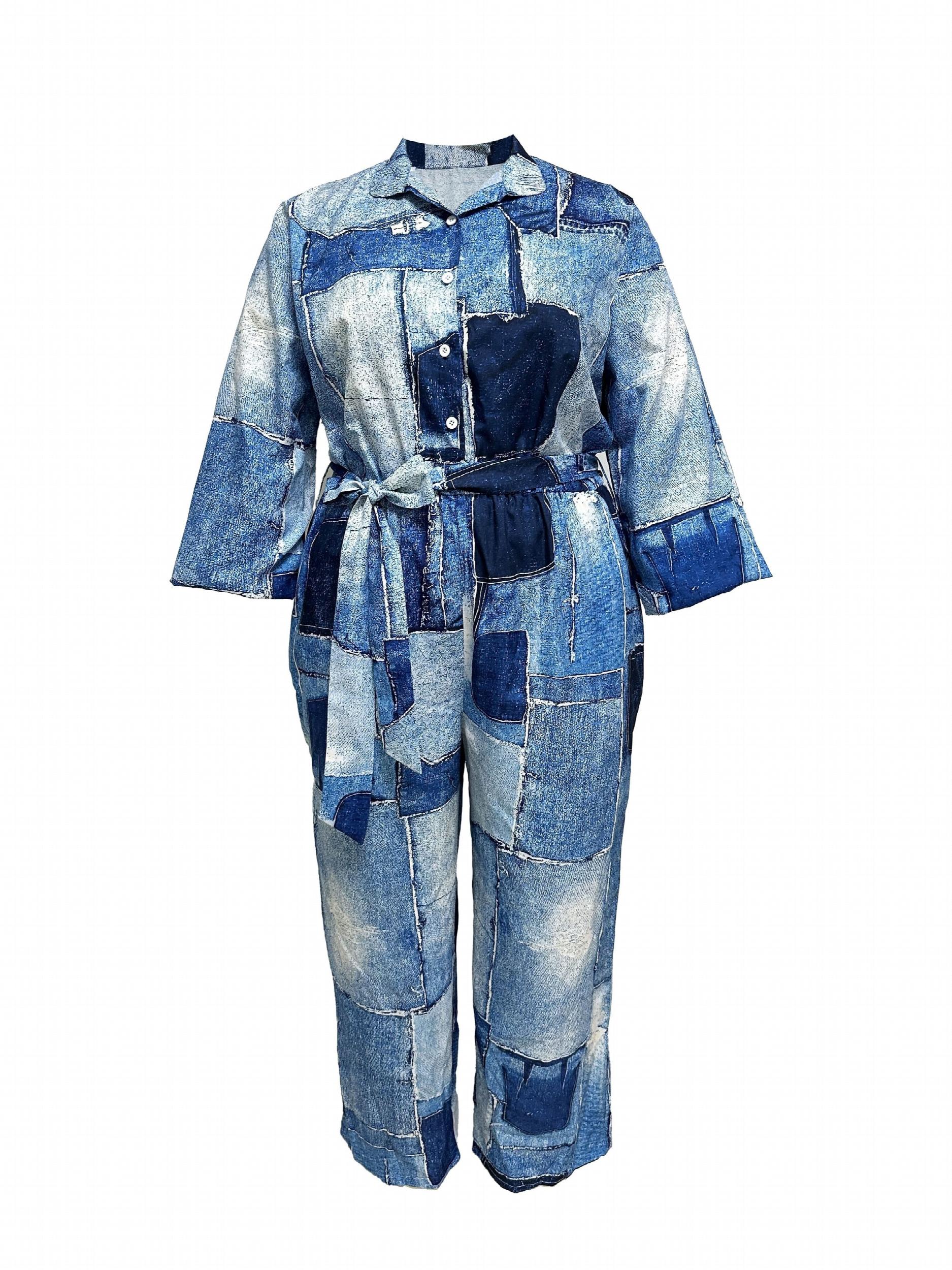 Denim Print Button Up Long Sleeve Wide Leg Jumpsuit