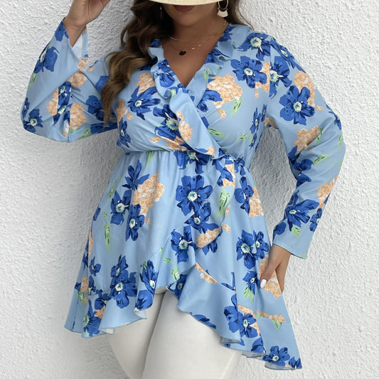 Floral Print Long Sleeve Ruffle Trim Surplice Neck Pleated Top